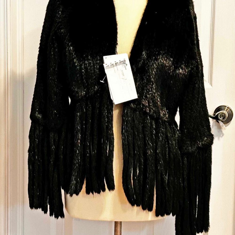 MINK JACKET, KNITTED, FRINGED BOTTOM, BLACK, MISSES MEDIUM, FRINGED SLEEVES, FUR